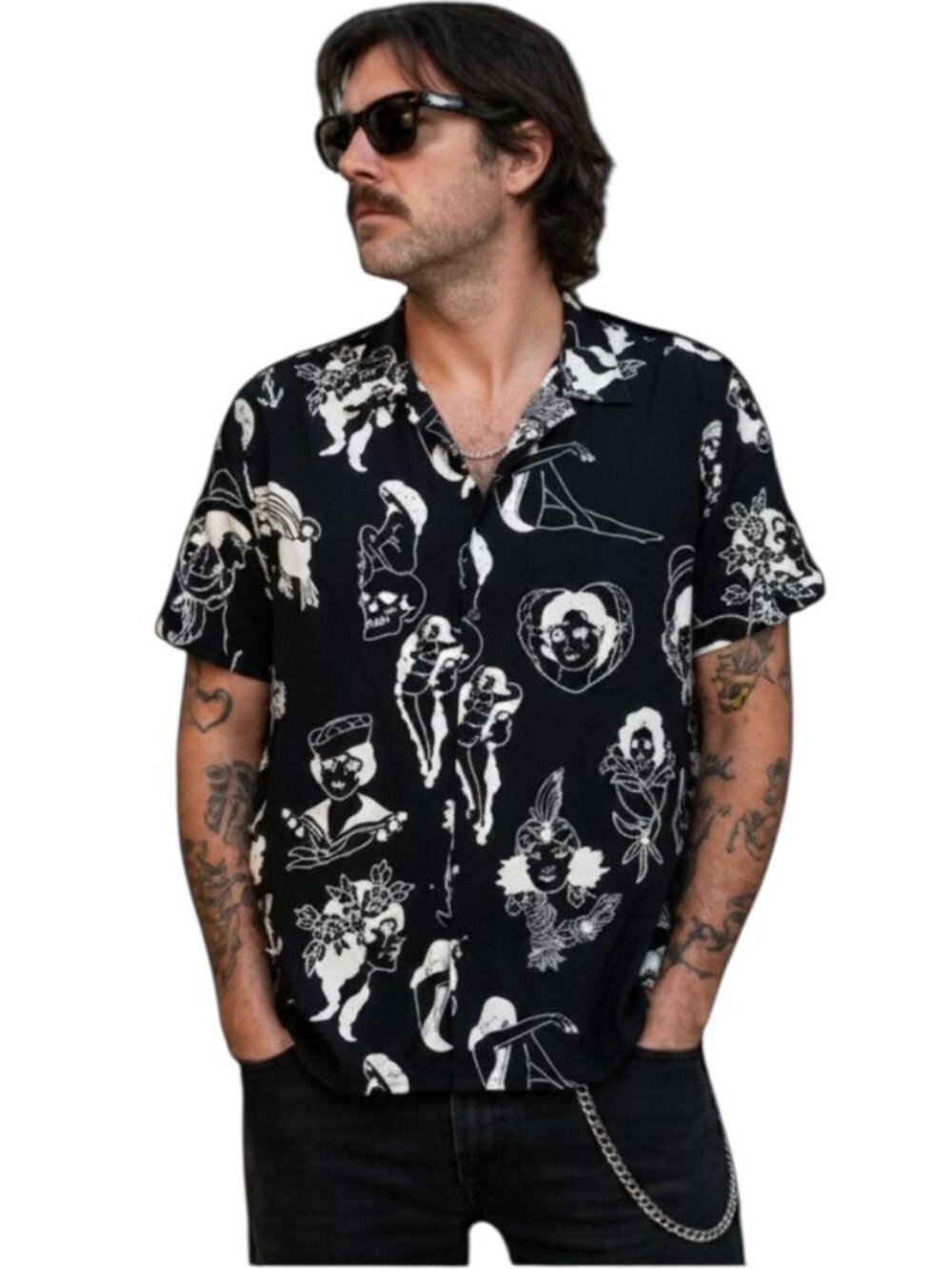 Straight To Hell Mens 4XL Tattoo Flash Pin-up Girl Print Button Front Shirt NWT